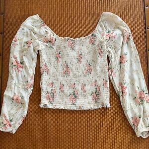 American Eagle Pink Floral Smocked Pink Floral Long Sleeve Peasant Top, size S